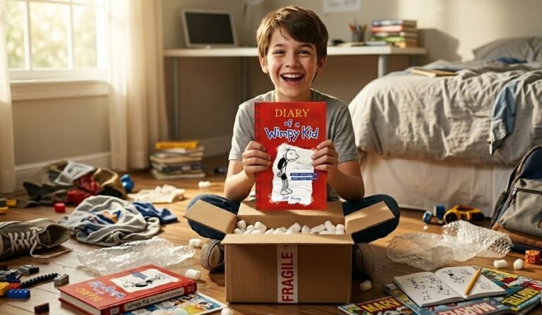 Garoto de 11 anos sorrindo animado no quarto enquanto tira o livro do Diário de um Banana, de capa vermelha com desenho de palito, de uma caixa de papelão da Amazon.