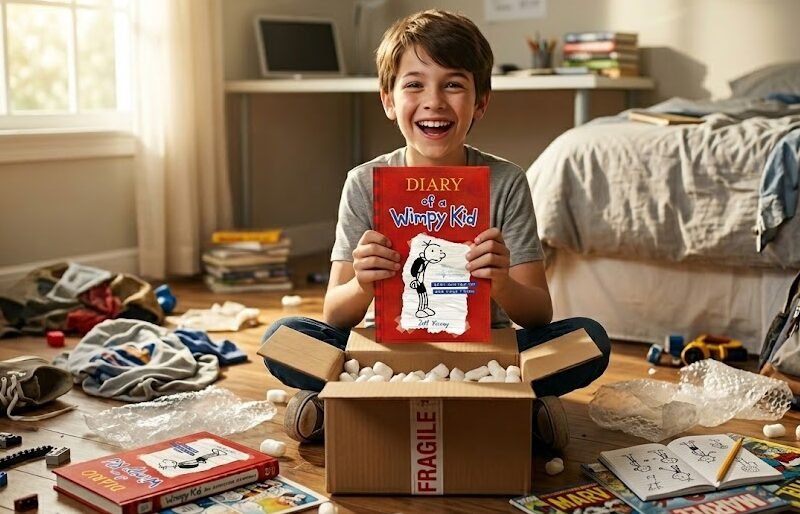 Garoto de 11 anos sorrindo animado no quarto enquanto tira o livro do Diário de um Banana, de capa vermelha com desenho de palito, de uma caixa de papelão da Amazon.