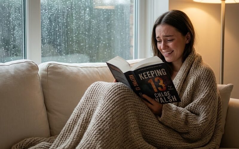 Uma jovem sentada num sofá confortável com uma manta aconchegante, a sorrir de forma aliviada enquanto segura o livro espesso Keeping 13.