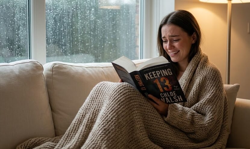 Uma jovem sentada num sofá confortável com uma manta aconchegante, a sorrir de forma aliviada enquanto segura o livro espesso Keeping 13.