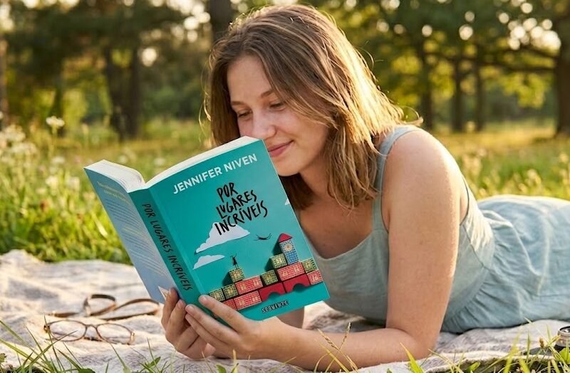 Uma pessoa deitada na grama sob o sol, segurando o livro Por Lugares Incríveis, cuja capa azul mostra um pássaro colorido desenhado e pequenas notas adesivas (post-its).