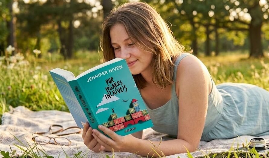 Uma pessoa deitada na grama sob o sol, segurando o livro Por Lugares Incríveis, cuja capa azul mostra um pássaro colorido desenhado e pequenas notas adesivas (post-its).