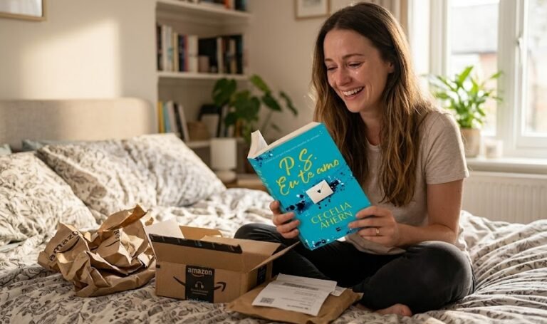 Jovem mulher sorrindo emocionada com os olhos marejados enquanto abre um envelope pardo da Amazon contendo o livro P.S. Eu Te Amo.