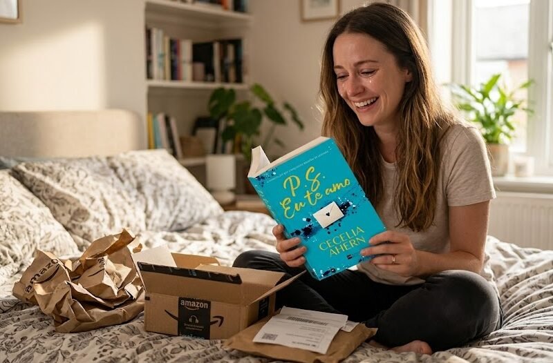 Jovem mulher sorrindo emocionada com os olhos marejados enquanto abre um envelope pardo da Amazon contendo o livro P.S. Eu Te Amo.