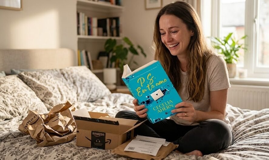 Jovem mulher sorrindo emocionada com os olhos marejados enquanto abre um envelope pardo da Amazon contendo o livro P.S. Eu Te Amo.