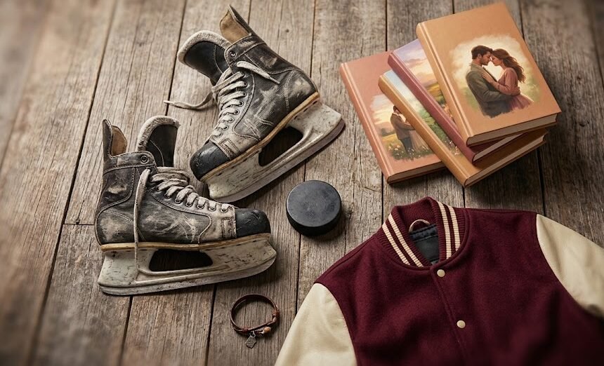 Patins de hóquei no gelo e um disco encostados perto de uma estante de livros, representando a temática esportiva do romance de Garrett Graham no Livro O Acordo.
