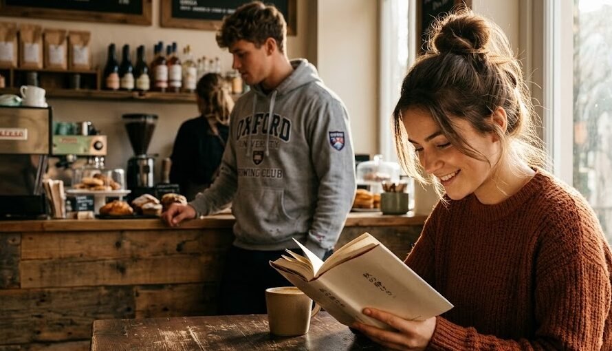 Uma jovem mulher lendo um livro em uma cafeteria iluminada, sorrindo de forma apaixonada enquanto reage à história do livro.