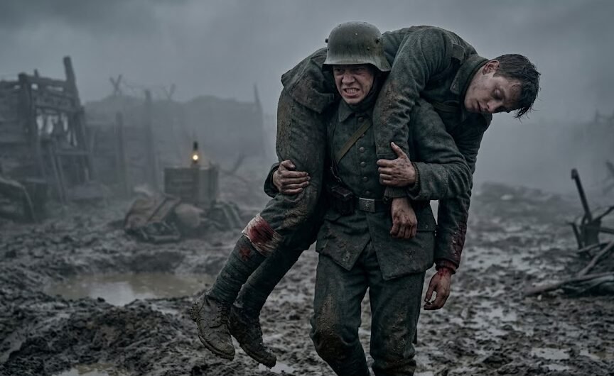 Soldado exausto da Primeira Guerra Mundial caminhando com dificuldade enquanto apoia um companheiro ferido no ombro em meio a um campo de batalha cinzento.