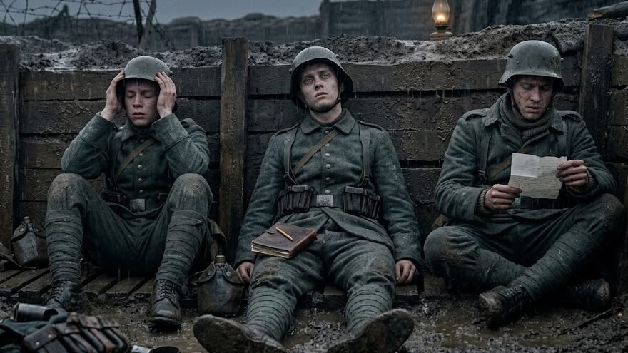 Jovens soldados alemães da Primeira Guerra Mundial, cobertos de lama e com expressões de exaustão, sentados no chão de uma trincheira escura.