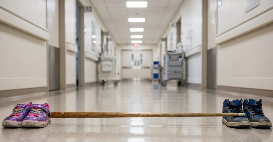 Visão em perspectiva de um corredor de hospital limpo e moderno. No chão de vinil, um taco de sinuca clássico de madeira serve como divisória simbólica entre dois pares de tênis juvenis distantes.