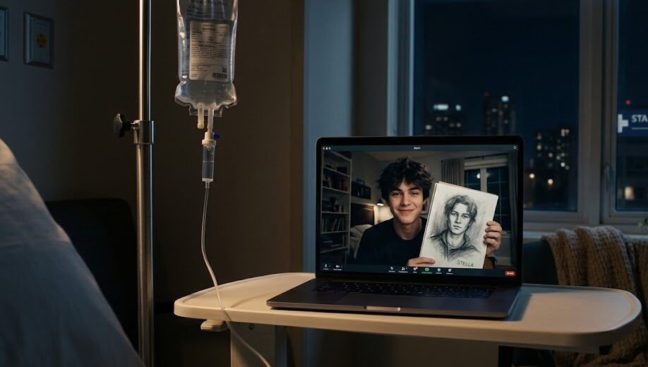 Um notebook aberto em cima de uma cama de hospital, exibindo na tela a imagem de um jovem sorrindo com um caderno de desenhos na mão durante uma chamada de vídeo noturna.