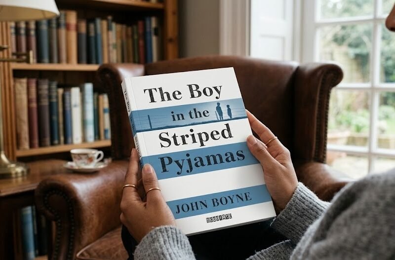 Uma pessoa segurando o livro O Menino do Pijama Listrado da editora Seguinte, com uma capa branca contendo listras azuis e a silhueta de dois meninos.