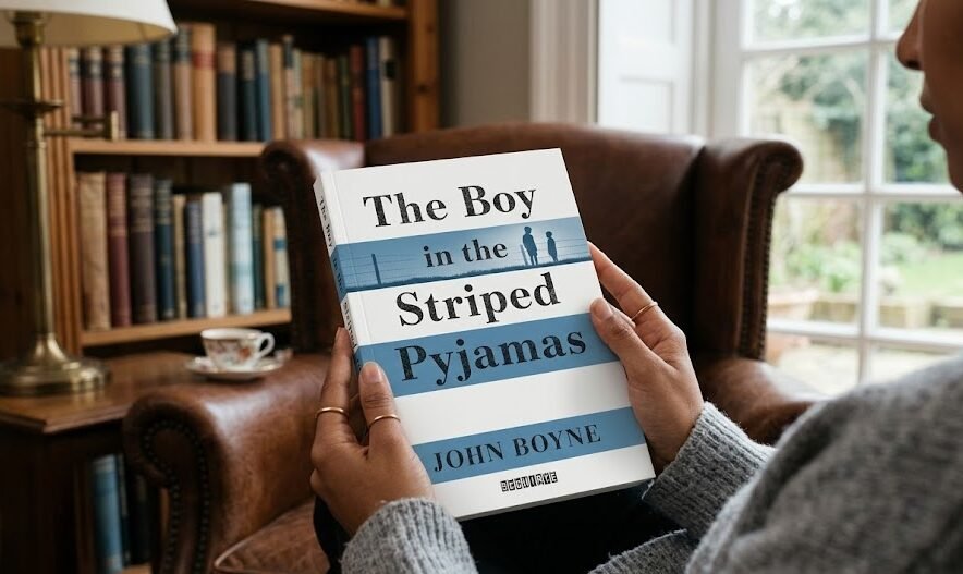 Uma pessoa segurando o livro O Menino do Pijama Listrado da editora Seguinte, com uma capa branca contendo listras azuis e a silhueta de dois meninos.