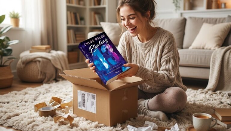Mulher jovem e sorridente sentada no tapete felpudo da sala, puxando a edição física grossa do livro Binding 13 de dentro de uma caixa de entregas da Amazon recém-aberta.