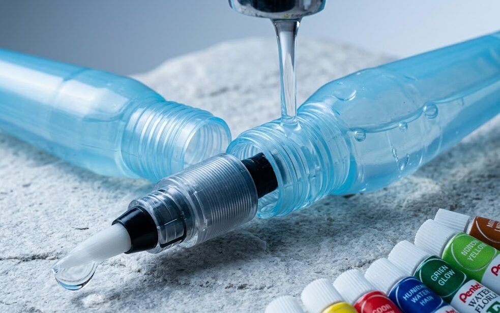 Detalhe do pincel reservatório Pentel Aquash sendo abastecido com água, sistema portátil de aquarela