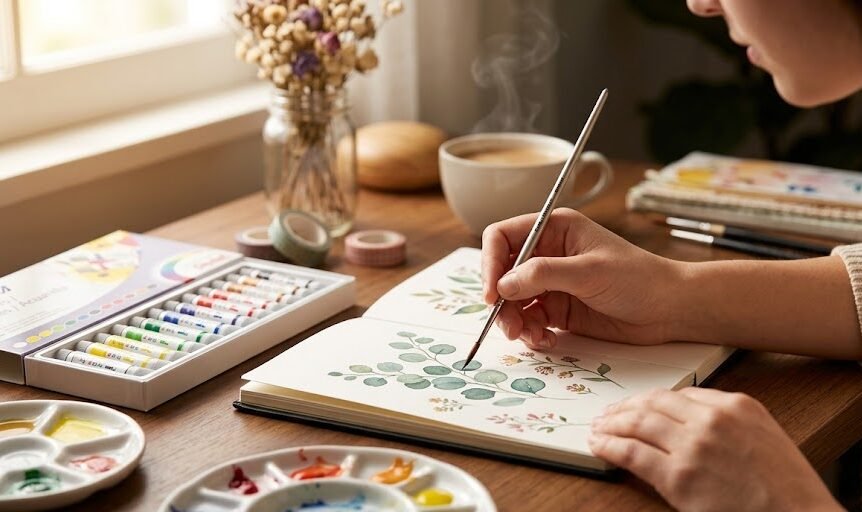 Jovem artista pintando em sketchbook com aquarela Pentel, ambiente de estudo aconchegante