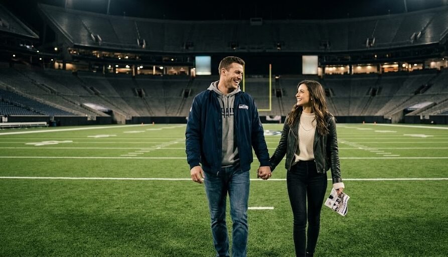 Um jovem casal rindo e caminhando de mãos dadas pelo gramado iluminado de um grande estádio de futebol americano vazio, com um clima nítido de romance e cumplicidade sob as luzes esportivas.