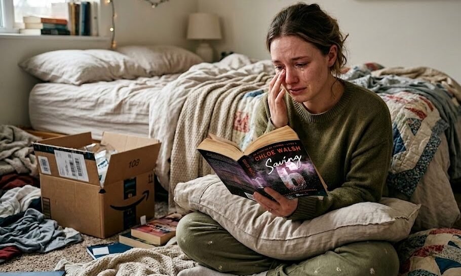 Mulher jovem com uma expressão emocionada, enxugando discretamente uma lágrima enquanto segura e lê a edição física do livro Saving 6, com uma caixa aberta da Amazon ao fundo em cima da cama.