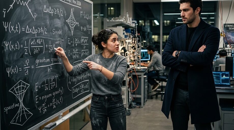 Uma mulher jovem e ansiosa discutindo de forma passional em frente a um quadro negro cheio de equações físicas, enquanto um homem alto, de ombros largos e expressão inescrutável a observa atentamente.