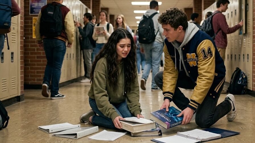 Uma jovem colegial tímida de cabelos escuros recolhendo livros caídos no chão de um corredor de escola, enquanto um rapaz alto e forte com uma jaqueta esportiva de rugby se agacha preocupado para ajudá-la.