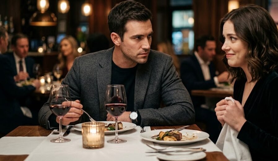 Um jantar elegante onde uma jovem mulher tenta sorrir educadamente, mas está visivelmente tensa, sendo observada do outro lado da mesa por um homem bonito, sério e de olhar extremamente penetrante que parece ler todos os seus pensamentos.