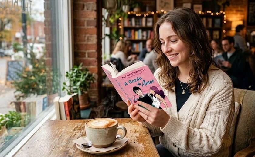 Mulher jovem com um leve sorriso relaxando em uma cafeteria acolhedora, segurando a edição física do livro A Razão do Amor com ambas as mãos, perto de uma xícara de cappuccino.