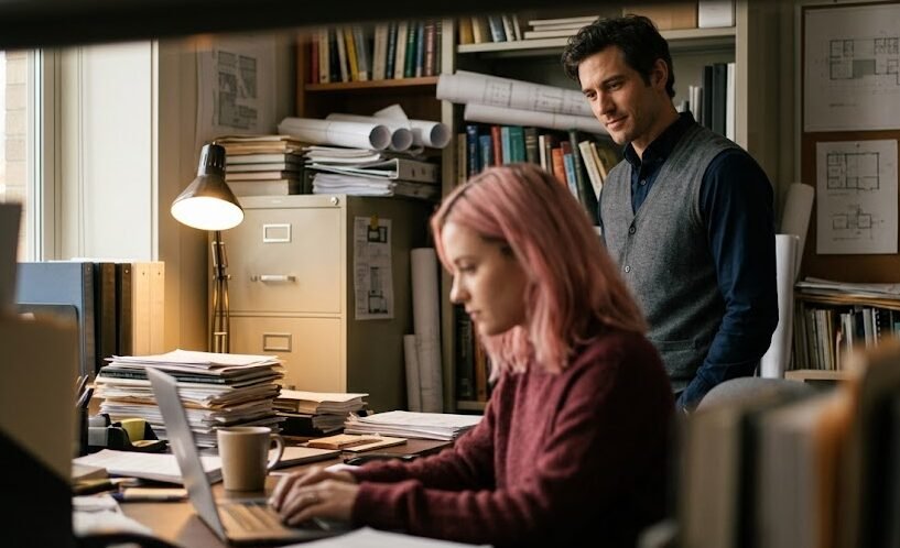 Uma jovem mulher de cabelos rosa trabalhando focada em um computador em um escritório cheio de papéis, enquanto um homem alto de ombros largos a observa secretamente com um olhar profundamente apaixonado no fundo desfocado.