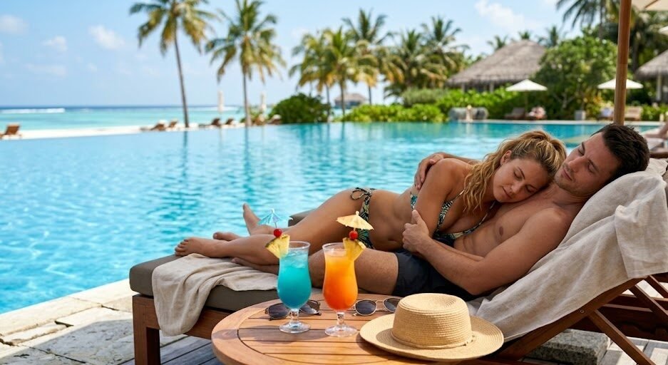 Um casal atlético dormindo abraçado e profundamente exausto em uma espreguiçadeira chique na beira de uma piscina de um resort tropical paradisíaco, com drinks intocados ao lado.
