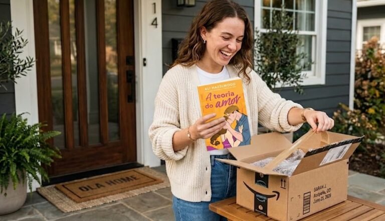 Mulher jovem e entusiasmada, de pé na porta de casa, abrindo uma caixa de entregas com a logo da Amazon e tirando de dentro a edição física do livro A Teoria do Amor.