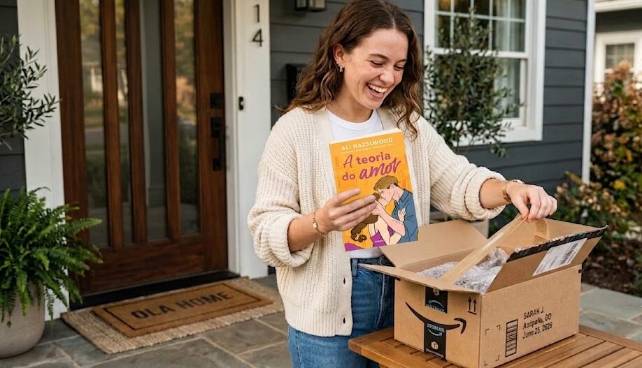 Mulher jovem e entusiasmada, de pé na porta de casa, abrindo uma caixa de entregas com a logo da Amazon e tirando de dentro a edição física do livro A Teoria do Amor.