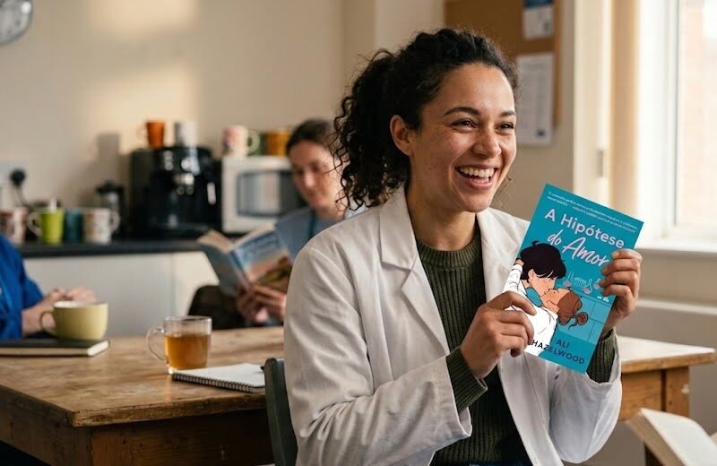 Mulher jovem sorridente, vestindo um jaleco branco de laboratório sobre roupas casuais, segurando a edição física do livro A Hipótese do Amor em um ambiente moderno e bem iluminado.