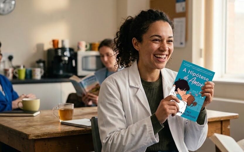 Mulher jovem sorridente, vestindo um jaleco branco de laboratório sobre roupas casuais, segurando a edição física do livro A Hipótese do Amor em um ambiente moderno e bem iluminado.