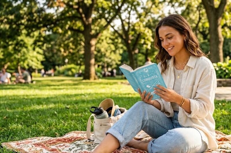 Jovem mulher sorridente sentada em uma toalha de piquenique num parque ensolarado, lendo o exemplar físico do Livro A Conquista de Elle Kennedy, transmitindo um estilo de vida relaxante.