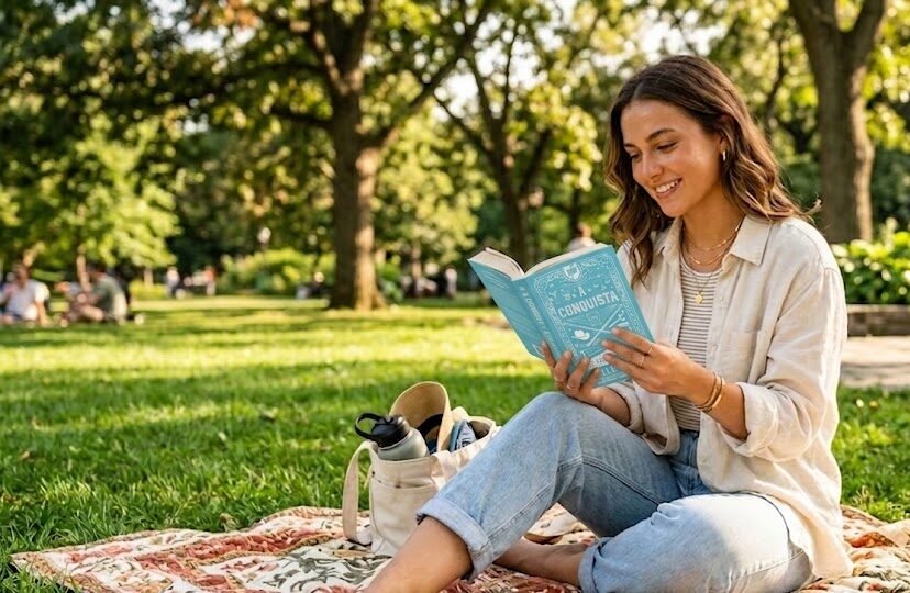Jovem mulher sorridente sentada em uma toalha de piquenique num parque ensolarado, lendo o exemplar físico do Livro A Conquista de Elle Kennedy, transmitindo um estilo de vida relaxante.