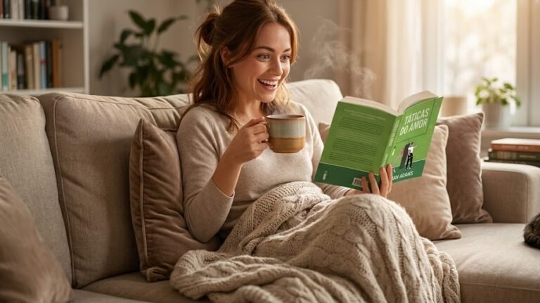 Mulher jovem e sorridente descansando em um sofá aconchegante em casa, tomando uma xícara de chá e lendo o exemplar físico do livro Táticas do Amor.