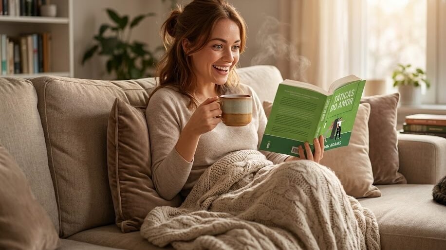 Mulher jovem e sorridente descansando em um sofá aconchegante em casa, tomando uma xícara de chá e lendo o exemplar físico do livro Táticas do Amor.