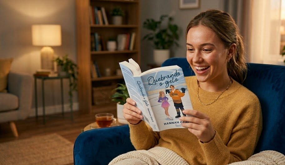 Mulher jovem e sorridente sentada de forma confortável em uma poltrona macia, segurando nas mãos a edição física do livro Quebrando o Gelo enquanto faz uma pausa na leitura.