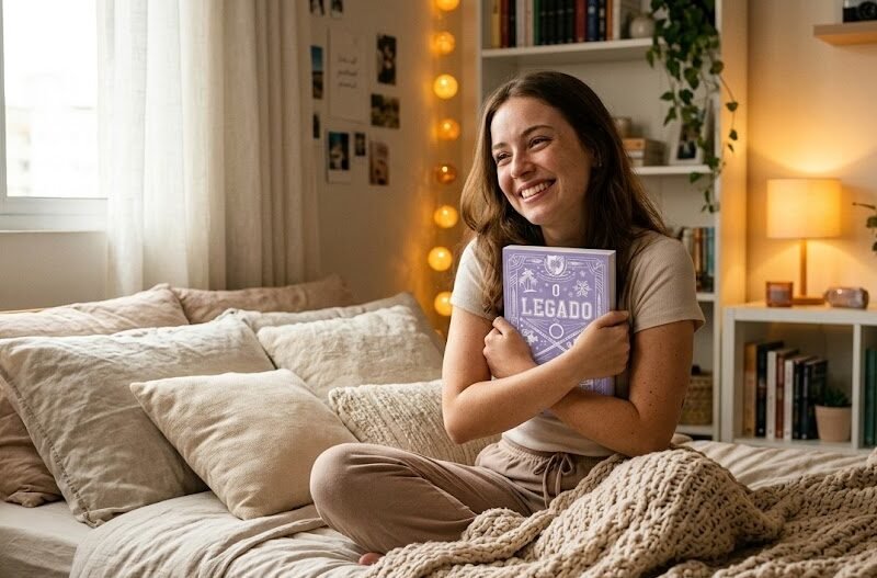 Mulher jovem com um sorriso nostálgico sentada na cama do quarto, segurando a edição física do Livro O Legado contra o peito, abraçando a obra com carinho.