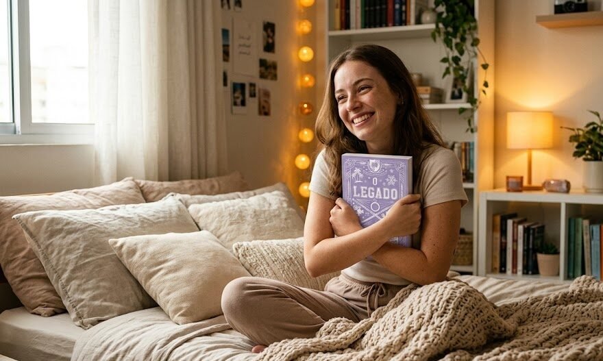Mulher jovem com um sorriso nostálgico sentada na cama do quarto, segurando a edição física do Livro O Legado contra o peito, abraçando a obra com carinho.
