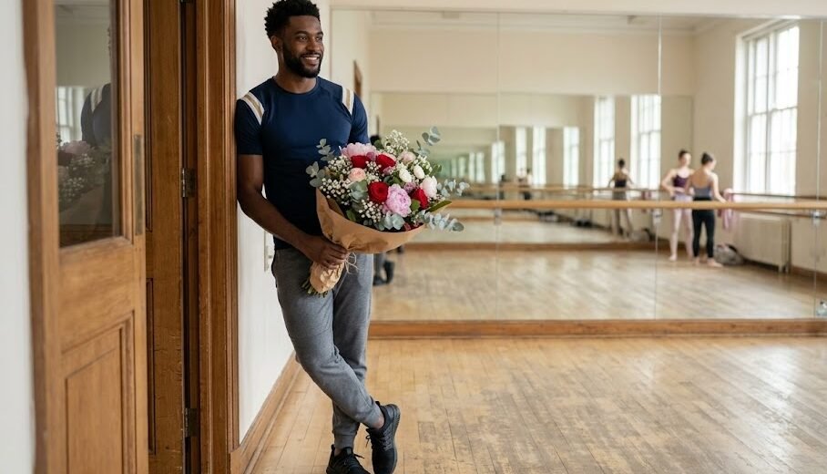 Um homem muito alto e atlético, vestindo roupas casuais de treino de futebol americano, segurando um buquê de flores e encostado na porta de um pequeno e iluminado estúdio de balé clássico.