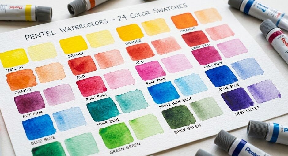 Swatches de cores da Aquarela Pentel pintados em papel aquarela 300g mostrando vibração dos pigmentos