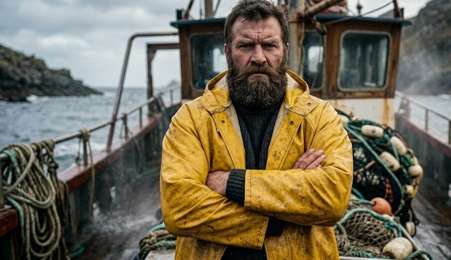 Homem alto, robusto e barbudo, usando capa de chuva amarela de pescador e um suéter grosso, com braços cruzados e olhar sério no convés de um barco de pesca.