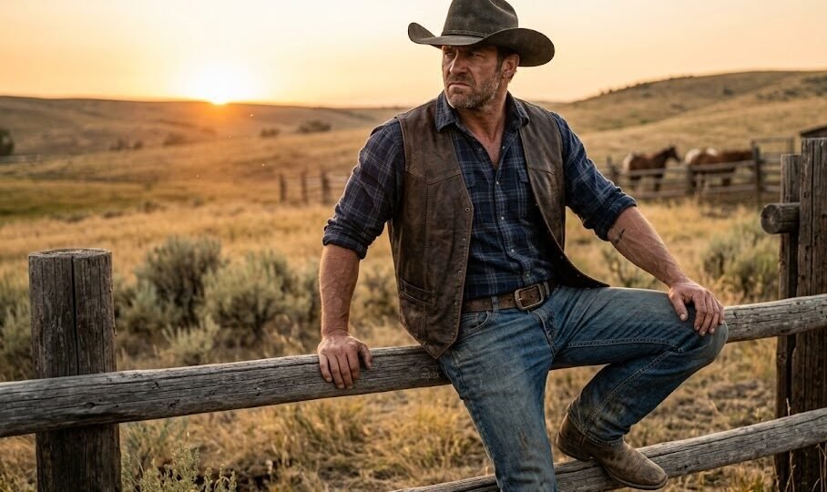 Homem rústico e musculoso vestido de cowboy recostado em uma cerca de madeira sob o pôr do sol.