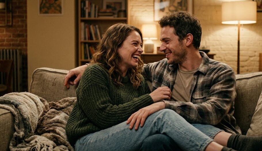 Um casal jovem e bonito, dividindo o sofá de um apartamento pequeno e rústico, rindo alto e jogando pipoca um no outro, demonstrando uma forte conexão de amizade e tensão romântica.