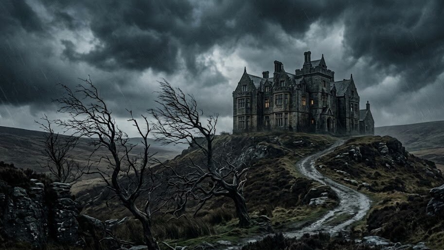 Um casarão de pedra rústico, antigo e escuro no topo de uma colina inglesa (Wuthering Heights). O céu acima está carregado de nuvens escuras, com árvores retorcidas balançando sob um vento forte.