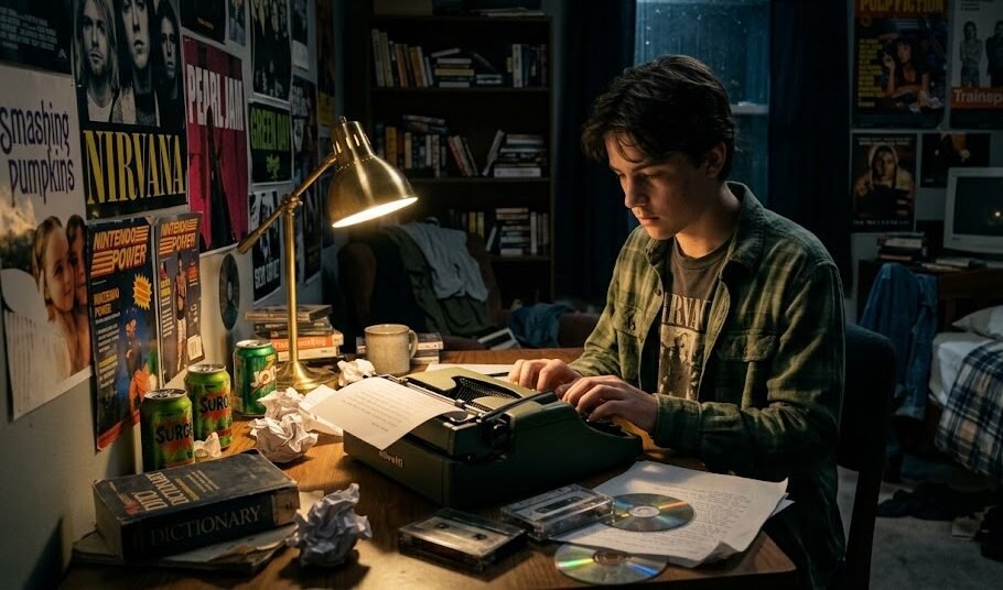 Um adolescente tímido e introspectivo sentado em uma escrivaninha bagunçada no escuro do seu quarto, focado iluminado apenas por um abajur amarelado, escrevendo freneticamente em uma máquina de escrever antiga.