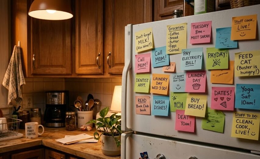 O balcão de uma cozinha de apartamento levemente bagunçada, com canecas de chá e dezenas de pequenos post-its coloridos e bilhetes amarelos colados na porta da geladeira e nos armários.