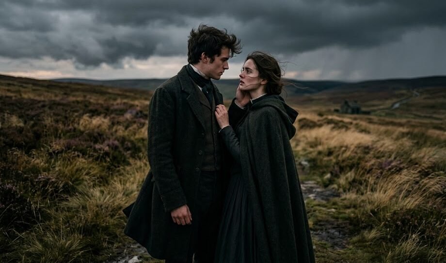 Um casal jovem da era vitoriana, com aparência selvagem e intensa, caminhando sobre as colinas varridas pelo vento frio sob um céu nublado e tempestuoso nas charnecas inglesas.