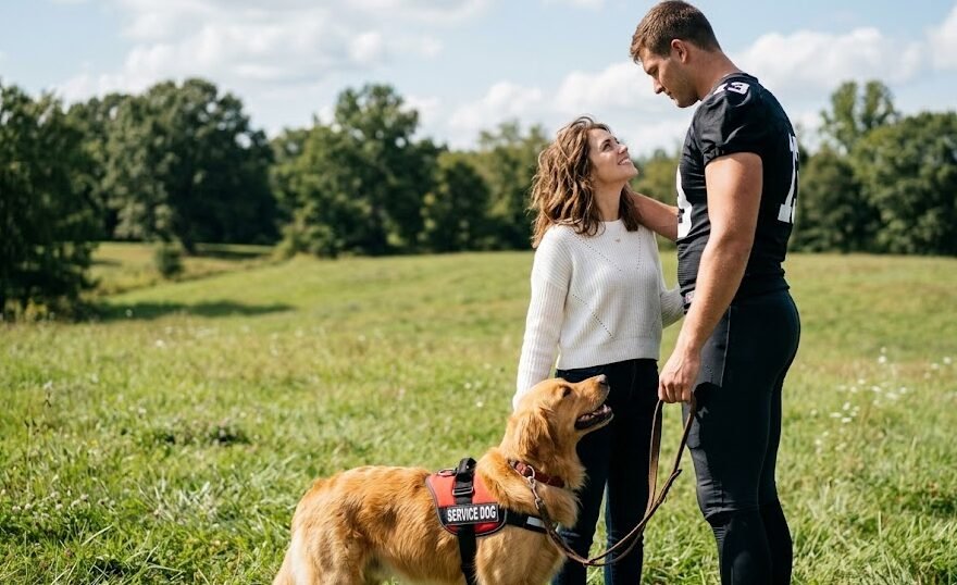 Uma bela e doce mulher com um cão de serviço com colete vermelho parado fielmente ao seu lado, conversando em um campo de treinamento ensolarado com um atleta gigante que a olha com extrema devoção.