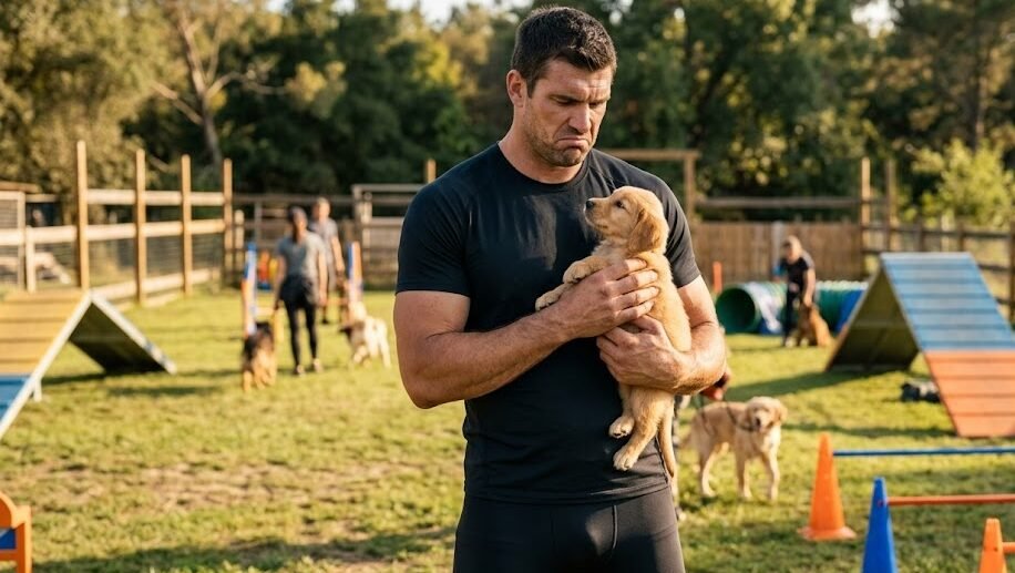 Livro A Regra do Jogo: Um homem muito alto, musculoso e de aparência intimidadora vestindo roupas de treino escuras, com uma expressão confusa e levemente encantada enquanto segura um pequeno e desastrado filhote de cachorro no pátio de uma ONG.